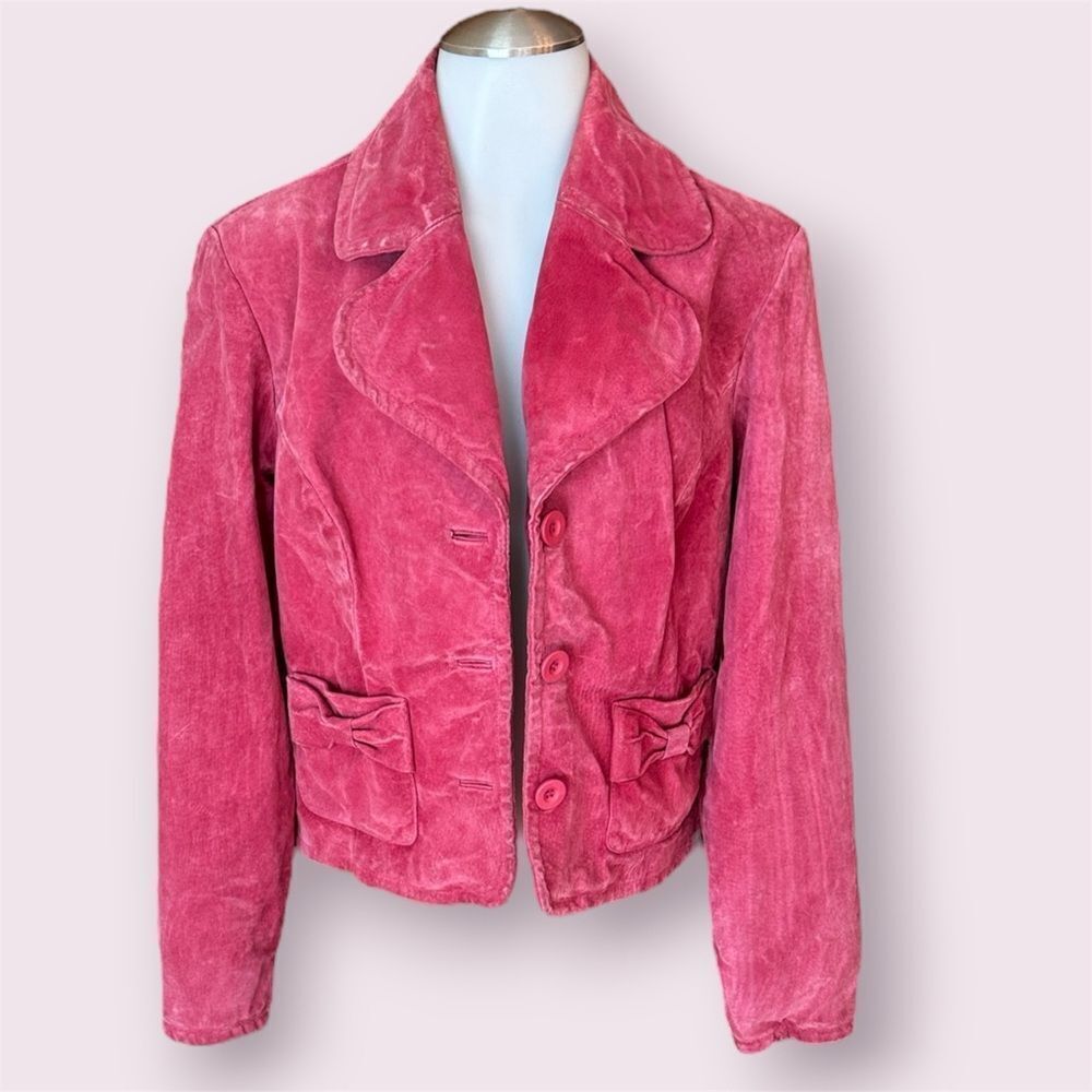 LIVE A LITTLE Vintage Y2K Pink Brushed Suede Leather Jacket Bow Pockets